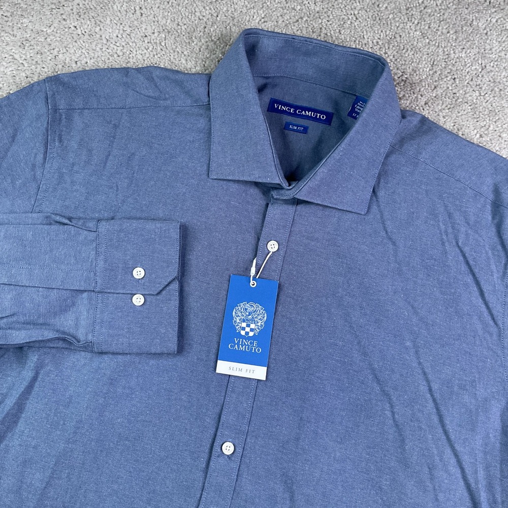 NEW Vince Camuto Shirt Mens 17 34 Blue Slim Fit Denim Oxford Long Sleeve NWT